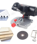 110V 90W Mini Cut Off Saw with 45 Degree Bevel, Benchtop Metal Cutting Tool shown with blades, metal base, and adjustable clamp