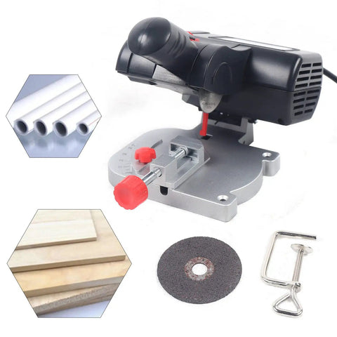 110V 90W Mini Cut Off Saw with 45 Degree Bevel, Benchtop Metal Cutting Tool shown with blades, metal base, and adjustable clamp