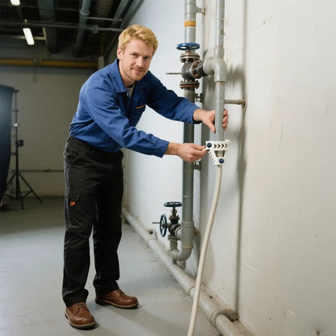 A man in a blue shirt and black pants attaching a hose to a pipe in an industrial setting.