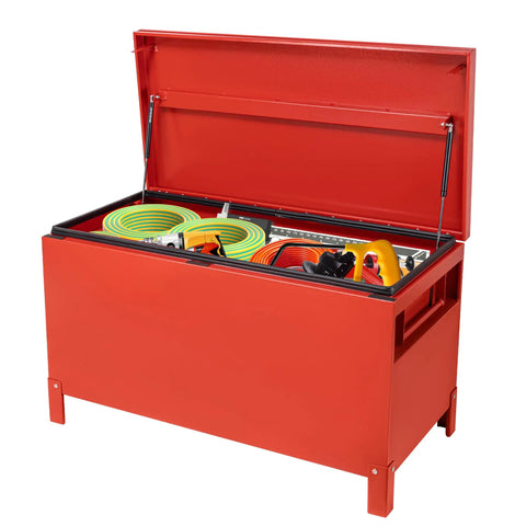 Heavy Duty Steel Jobsite Storage Box And Tool Chest Xxl Large 36 Inch Burgundy Truck Bed Rack Organizer With Four Inch Legs For Built Tough Worksite Performance And Quick Moves