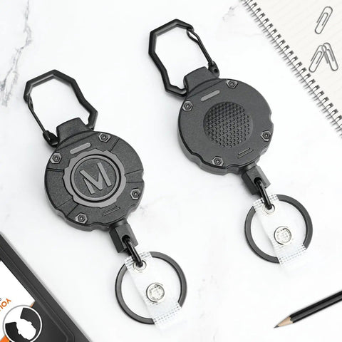 Two Heavy Duty Retractable Keychain Badge Reels with Carabiner and 31.5 Inch Dyneema Cord on marble surface