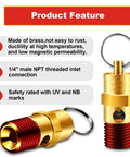 Front view of brass 1/4in NPT air compressor pressure relief valve, two-piece set with ring.