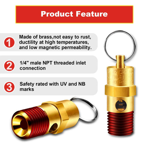 Front view of brass 1/4in NPT air compressor pressure relief valve, two-piece set with ring.