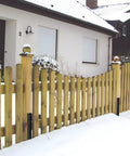 Set Of 4 Heavy Duty Fence Post Repair Anchors With Adjustable Width Ground Stakes Used On Wooden Fence in Snowy Yard