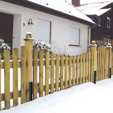 Set Of 4 Heavy Duty Fence Post Repair Anchors With Adjustable Width Ground Stakes Used On Wooden Fence in Snowy Yard