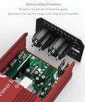Close-up of the Real Deal 400 Watt DC To AC Car Power Inverter showcasing dual AC outlets and internal circuitry with built-in safety features.
