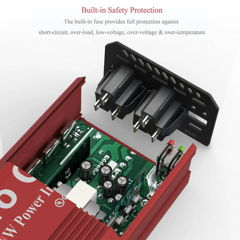Close-up of the Real Deal 400 Watt DC To AC Car Power Inverter showcasing dual AC outlets and internal circuitry with built-in safety features.