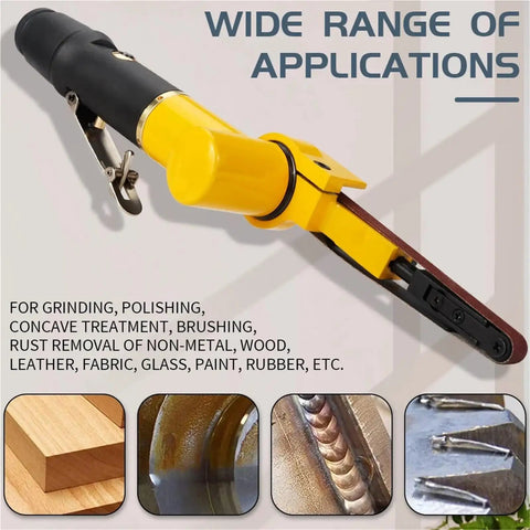 Rock Solid Air Belt Sander And Pneumatic Angle Grinder featuring adjustable grinding settings and ergonomic handle for low vibration.