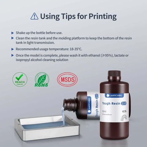 Tough 3D Printer Resin 2.0 bottle pouring resin into tray with usage tips shown, suited for LCD, DLP, SLA printers, 1kg.