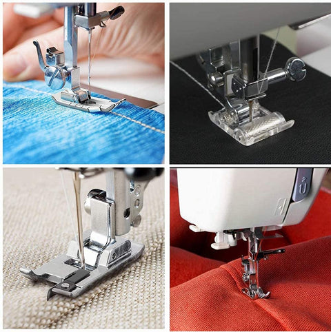 Fbshicung 13-piece metal presser feet set for household sewing machines; collage of front, side, close-up views.