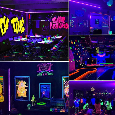 Lit 50 Foot Black Light Strip Kit With 900 LEDs 12V Flexible Lighting For Dark Parties Stage Effects Halloween And Body Paint Safe UL Adapter Easy Install illuminating party room with glowing decorations.