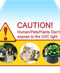 Caution sign warning to avoid exposing humans, pets, and plants to UVC light with images of a family, cat, and plant.