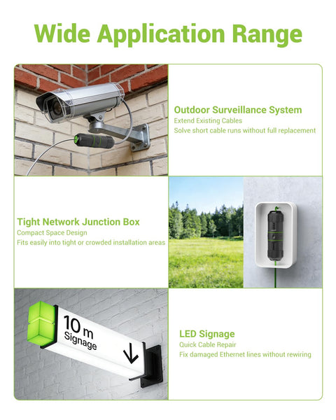 Various uses of Beefy Outdoor Waterproof RJ45 Ethernet Coupler Shielded Cat7 Cat6a Cat6 IP68 for surveillance, signage, and junction box.