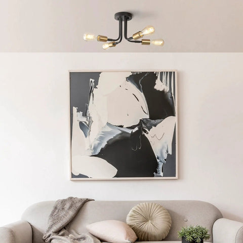 4 Light Adjustable Socket Semi Flush Mount Ceiling Light In Matte Black With Matte Brass Accents Exposed E26 Base Pivot Joints Industrial Sputnik Style Fixture For Modern Living Rooms And Hallways above abstract wall art