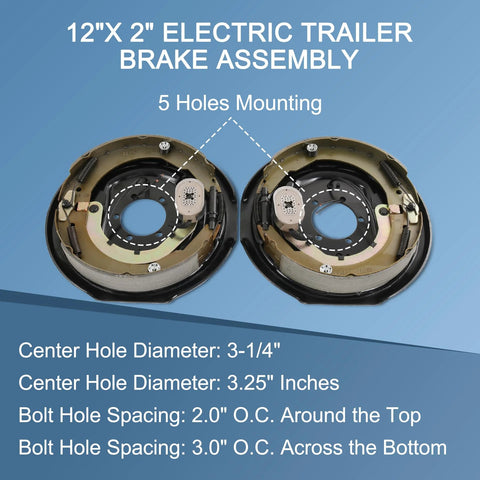 Two 12x2 inch electric trailer brake assemblies, front view, with 5-hole mounting plates.