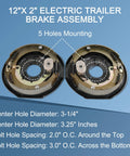 Pair of 12x2 inch electric trailer brake assemblies with five-hole mounting for 5,200–7,000 lb trailer axles