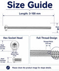 Beefy M3 Hex Socket Screws In 304 Stainless Steel, 3mm to 100mm Length, size guide with hex socket head and thread design