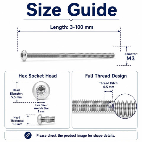 Beefy M3 Hex Socket Screws In 304 Stainless Steel, 3mm to 100mm Length, size guide with hex socket head and thread design