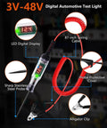 3-48V Automotive Test Light With Digital LED Voltage Tester Polarity Indicator 87 Inch Spring Cable And Stainless Steel Probe, alligator clip