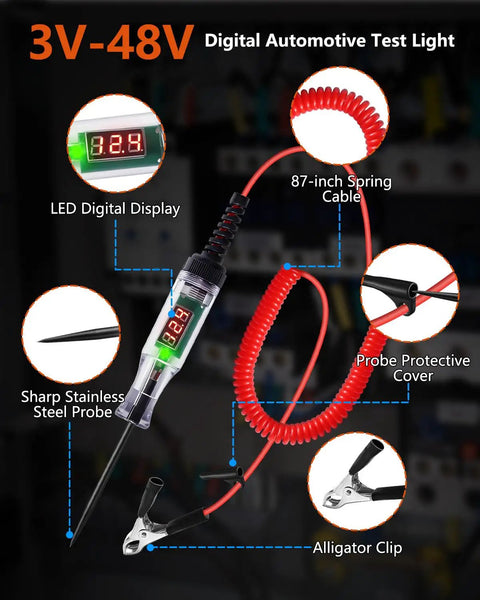3-48V Automotive Test Light With Digital LED Voltage Tester Polarity Indicator 87 Inch Spring Cable And Stainless Steel Probe, alligator clip