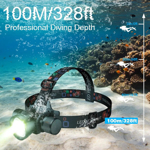 Powerful 3000 Lumen Dive Headlamp With IP68 Waterproof Build, Rechargeable Underwater Flashlight in coral reef setting.
