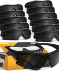 12 Pack Tinted Safety Glasses Protective Eyewear With ANSI Z87.1 Certified UV400 Eye Protection Anti Splash Scratch Resistant Dark Grey Unisex Goggles Ultra Lightweight With Integrated Nose Pad And All Day Comfort displayed with packaging