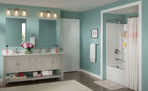 Modern bathroom with Eva 3 Light Brushed Nickel Vanity Light With Frosted Glass Dual Mount Bath Fixture above mirrors.