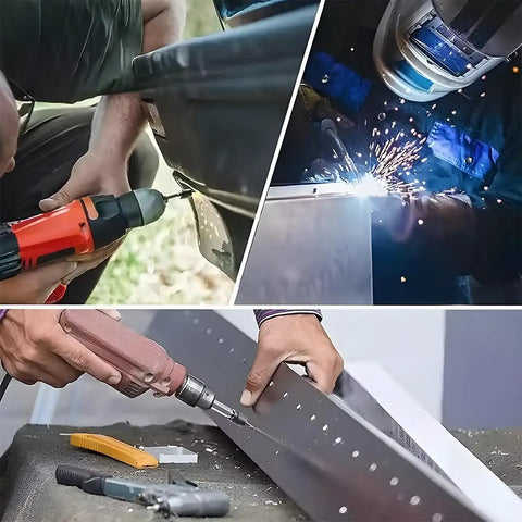 14-Piece Car Spot Weld Cutter Set With 3/8 Inch HSS Drill Bits For Cutting Holes And Weld Removal in action on vehicle metal