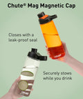 Hands holding Chute Mag Water Bottle with Magnetic Cap and Leak Resistant Design for Easy One Hand Sips, in orange and clear.