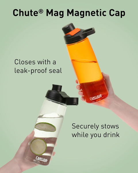 Hands holding Chute Mag Water Bottle with Magnetic Cap and Leak Resistant Design for Easy One Hand Sips, in orange and clear.