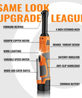Three-Eighths Inch Cordless Electric Ratchet Wrench Set With Extended Long Neck For Deep Auto Work, A Slick 16V Power Tool Kit That Delivers Up To 45 Ft-Lbs Torque, 600 RPM, Two Batteries, LED Light, 9-Piece Accessories And Tool Box. Orange cordless ratchet wrench with 4-inch extended neck, LED, and 2000mAh battery