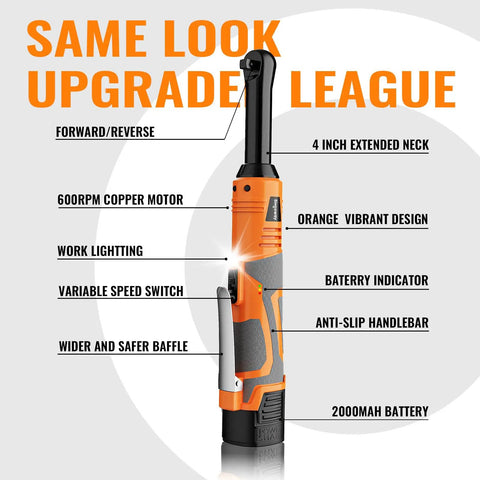 Three-Eighths Inch Cordless Electric Ratchet Wrench Set With Extended Long Neck For Deep Auto Work, A Slick 16V Power Tool Kit That Delivers Up To 45 Ft-Lbs Torque, 600 RPM, Two Batteries, LED Light, 9-Piece Accessories And Tool Box. Orange cordless ratchet wrench with 4-inch extended neck, LED, and 2000mAh battery