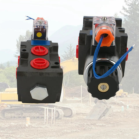 JAHEZYAN hydraulic solenoid diverter valve pair; black blocks with red port caps, blue wires, orange coil housing.