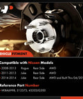 Close-up of two rear wheel bearing and hub assemblies with 5 lug pattern for Nissan Rogue 2008-2013 and Juke 2011-2014 AWD