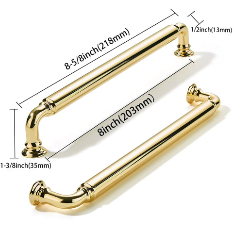 Top Shelf 10 Pack Polished Brass Cabinet Pulls With 8 Inch Hole Centers Heavy Duty Solid Zinc Alloy Drawer Handles For Kitchen Cabinets And Dressers Built Different Hardware Straight Up, showing sizes.