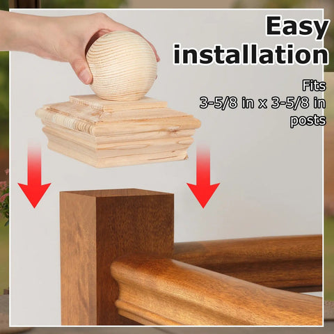Set Of Four Bright Yellow Cedar Ball Finials For 4x4 Fence Posts being installed on a wooden fence post, showing easy installation.