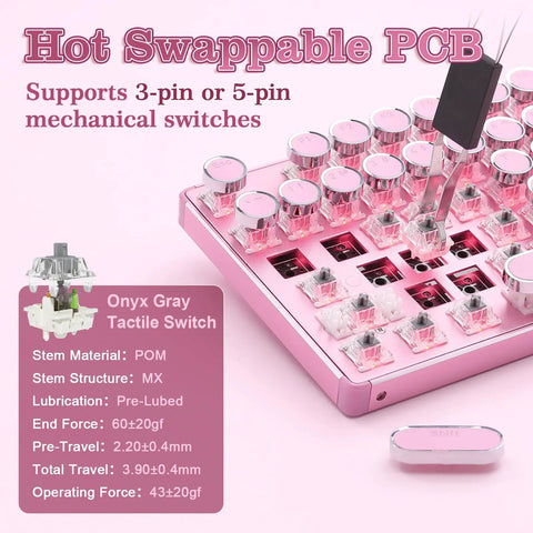 Pink Retro Mechanical Gaming Keyboard Boss Level Design Featuring Classic Typewriter Layout with hot swappable PCB and Onyx Gray switches.