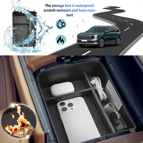 Hyundai Palisade 2026 Center Console Organizer Tray for 7 Seat Calligraphy Trim showing phone and gear storage compartment