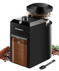 KIRAINAFLY Electric Burr Coffee Grinder with Adjustable Settings For Drip And Espresso Maker Including French Press, sleek black design, coffee beans, one touch operation.