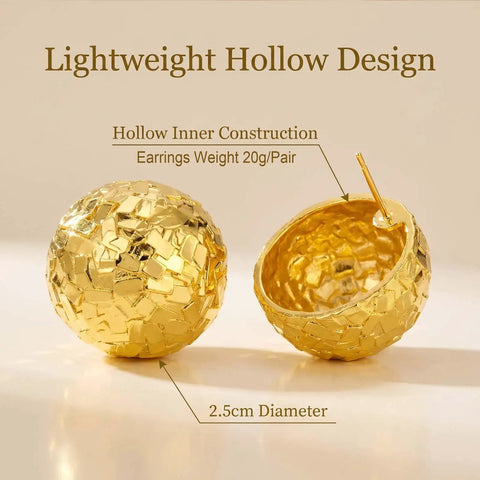 18K Gold Plated Hammered Dome Earrings For Women, Lightweight Hollow Half Ball Studs, Hypoallergenic And Anti Tarnish Texture Jewelry, Everyday Glam And Comfortable Wear, 2.5cm, 20g pair