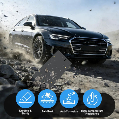 Rear License Plate Bracket Holder Fits Audi A3 A4 A5 A6 A7 A8 S4 S5 S6 S7 RS5 RS6 RS7 Q3 Q5 SQ5 2012-2025 With Screws And Wrench Tail Bumper Tag Frame Upgrade shown in action near a rugged Audi sedan on rocky terrain, highlighting durability features.