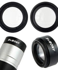 0.5x Telescope Focal Reducer for 1.25 Inch Eyepieces with M28x0.6 Threads shown in various angles and components.