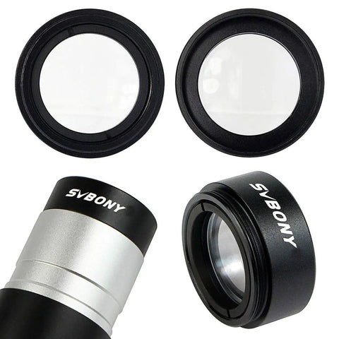 0.5x Telescope Focal Reducer for 1.25 Inch Eyepieces with M28x0.6 Threads shown in various angles and components.