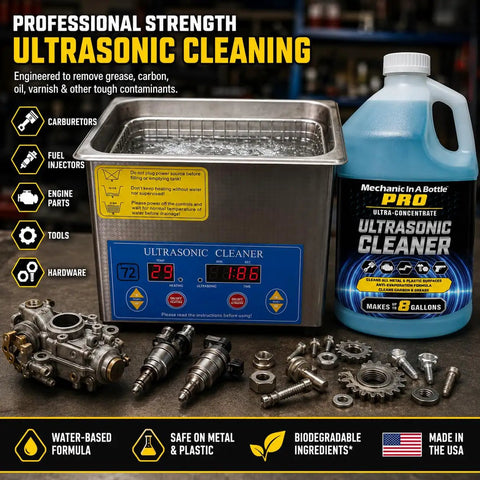 Badass Ultrasonic Cleaner And Degreaser Concentrate Knocks Out Grease Carbon Makes Eight Gallons For Carburetors Fuel Injectors Engine Parts Water Based Formula 128 Oz with ultrasonic cleaner and engine parts.