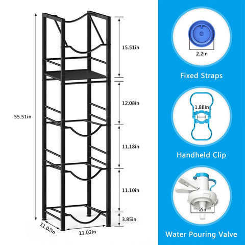 2 In 1 Five Gallon Water Jug Holder With Five Tier Stand And One Dispenser Valve, steel frame dimensions and features