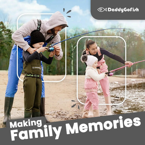 Family fishing at the lake using the Kid Friendly Fishing Pole Rod And Reel Combo Starter Set with a telescopic 5ft rod.