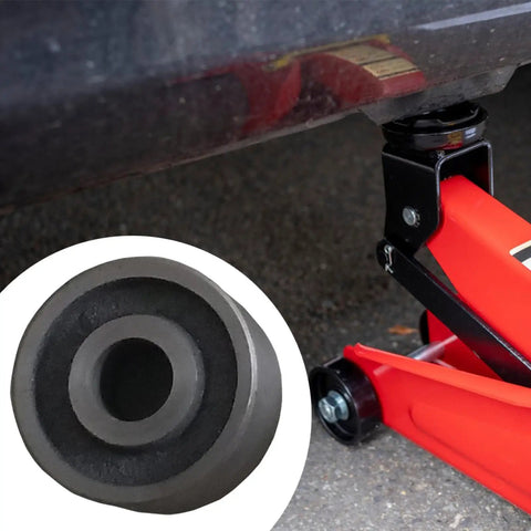Top Shelf 62mm Floor Jack Rollers For 3 Ton Hydraulic Jacks With 20mm Mounting Holes on red floor jack next to close-up of rubber roller.