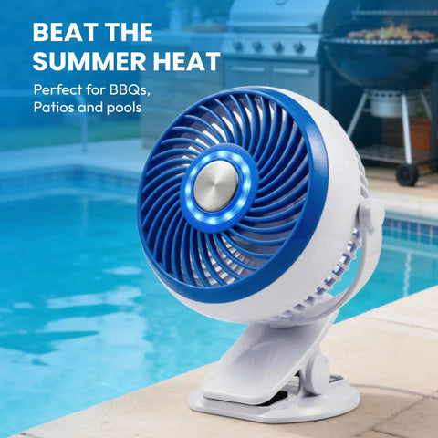 Blue Steel Portable Desk Fan With 360 Degree Oscillation near pool, showcasing dope active cooling technology for summer heat