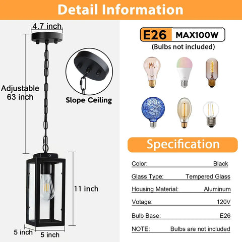 Detail image of Slick Black Aluminum Outdoor Pendant Light With Tempered Glass, 63 inch adjustable chain, 11 inch height, specs included.