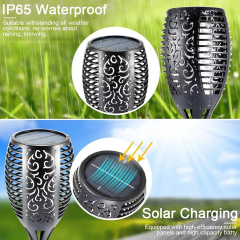 Outdoor Solar Torch Lights 4 Pack With 99 LED Flickering Flame IP65 Waterproof Garden Yard Decor Realistic Torch Effect For Halloween Patio Porch Pathway Lighting And Festive Vibe, showing solar charging and waterproof feature
